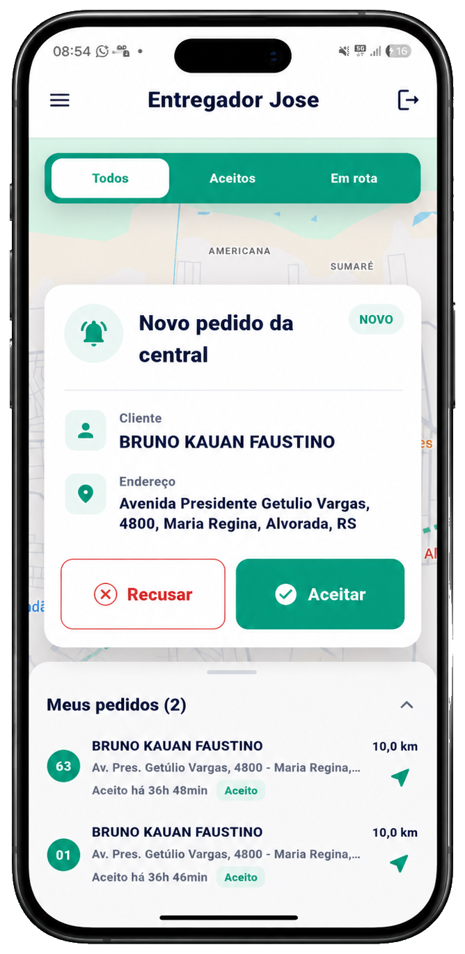 Aplicativo do entregador exibido em um celular