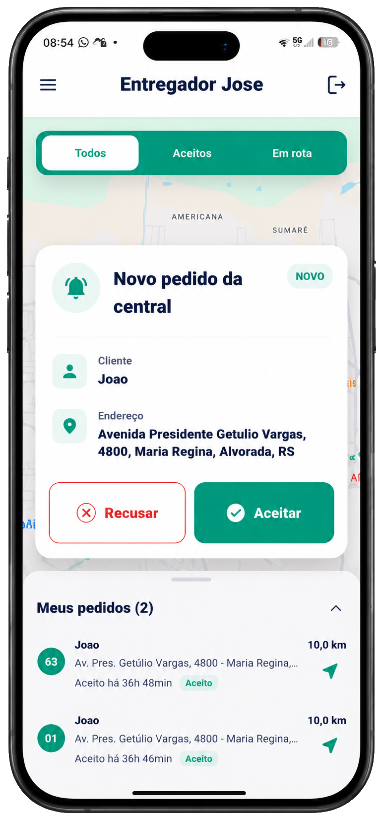 Aplicativo do entregador exibido em um celular
