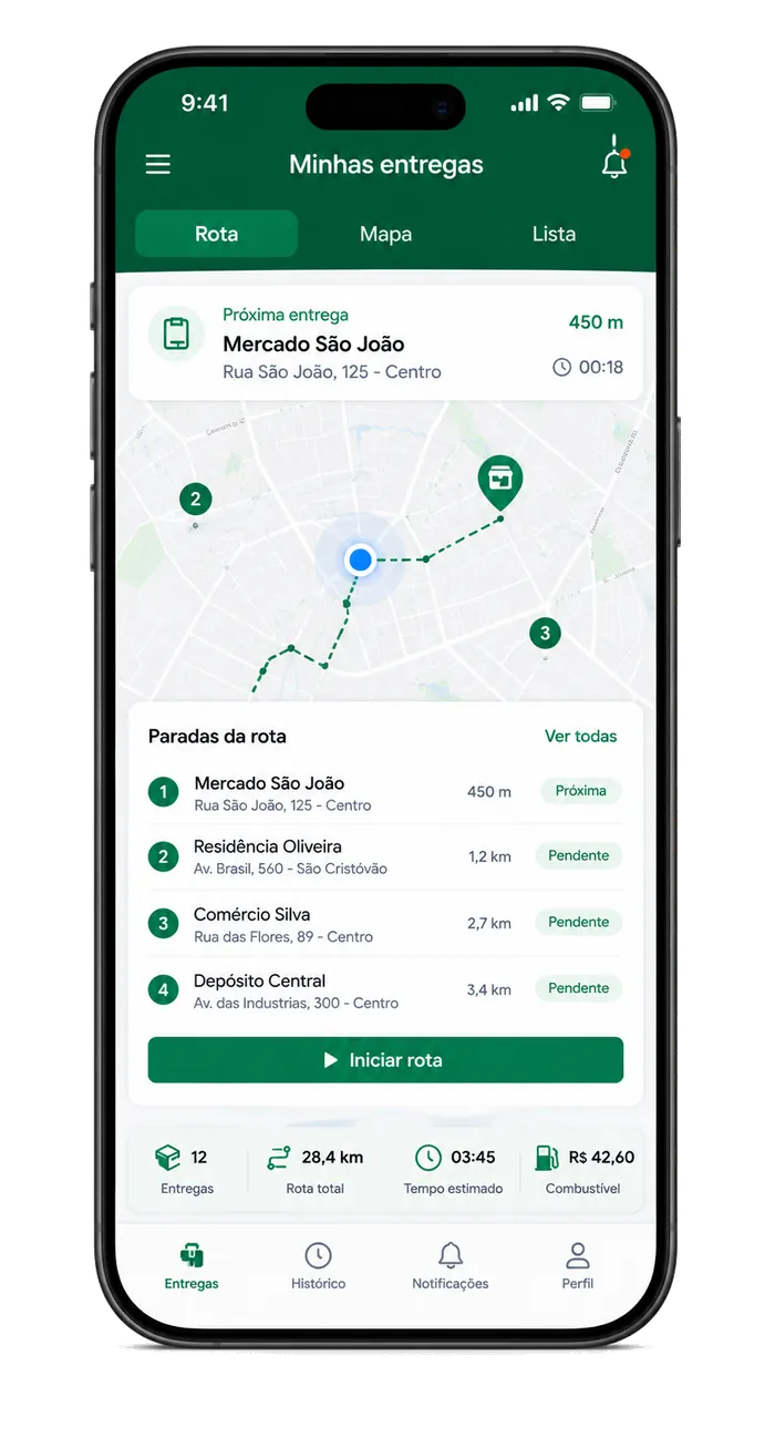 Aplicativo do entregador exibido em um celular